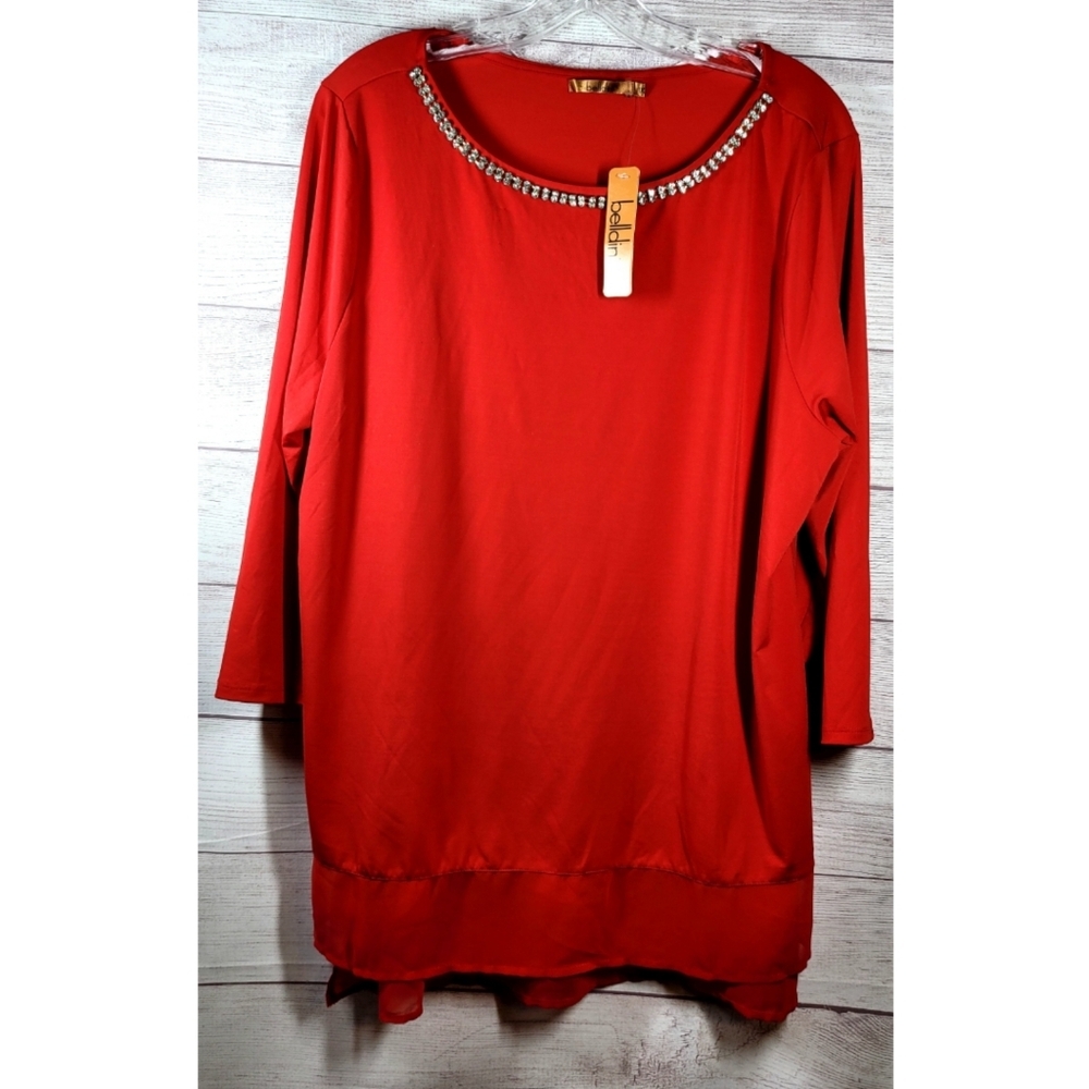 Belldini Womens Blouse Plus Size 1x Red Tunic Top Jeweled Neckline Sheer Hem